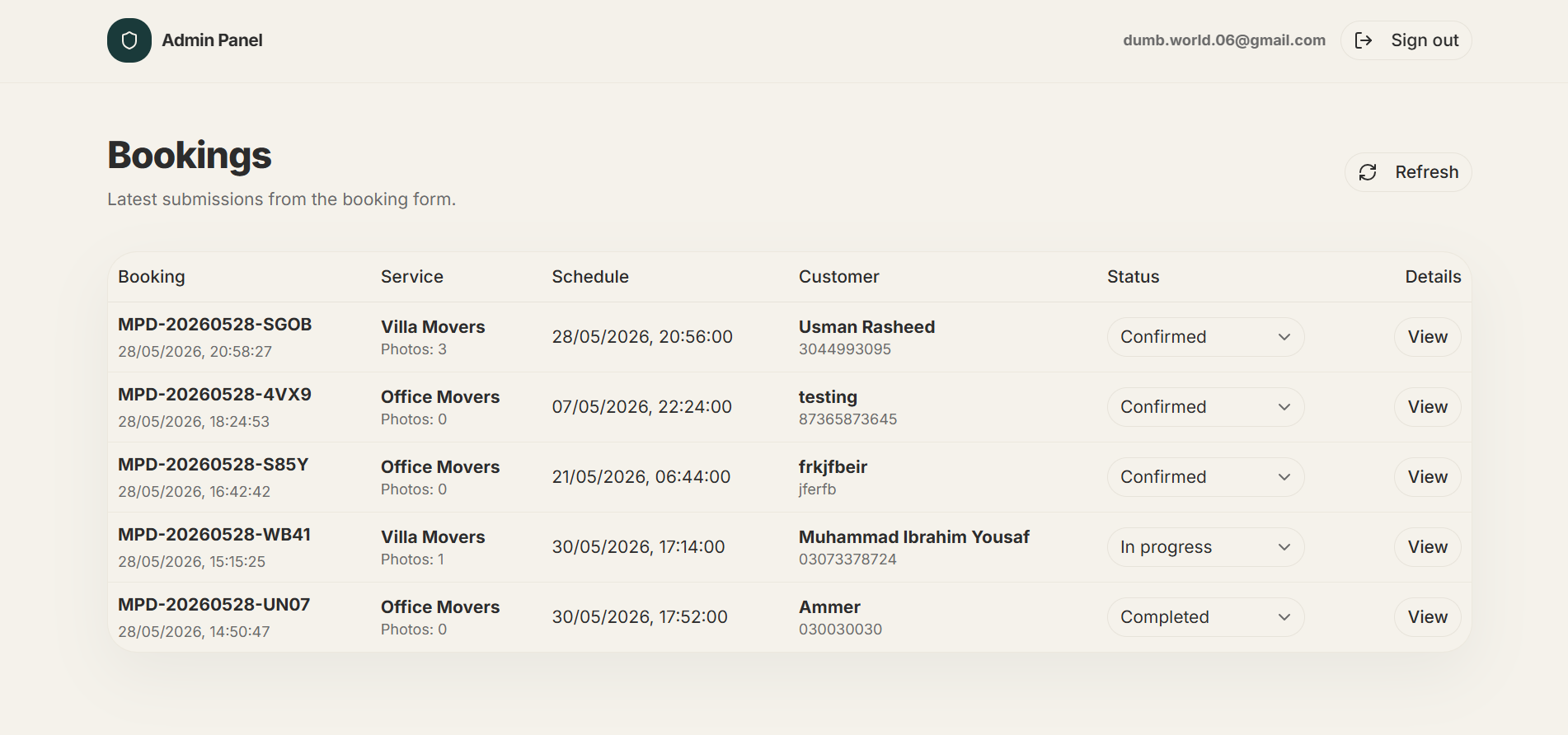 Movers Packers Dubai admin dashboard bookings table